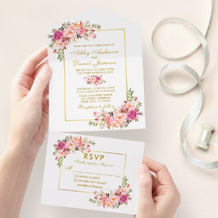 Elegant Watercolor Floral Pink Blush Gold All In One Invitation