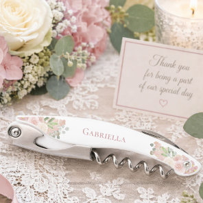 Elegant Watercolor Floral Pink Boho Wedding Name Waiter's Corkscrew