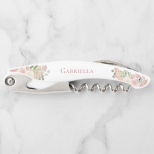 Elegant Watercolor Floral Pink Boho Wedding Name Waiter's Corkscrew