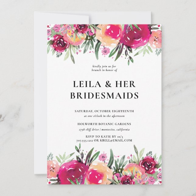 Elegant Watercolor Floral Pink Bridesmaids Brunch Invitation (Front)
