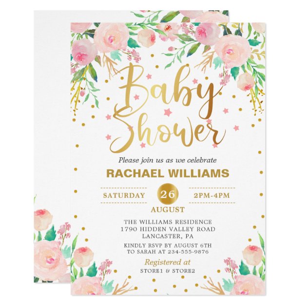 Elegant Watercolor Floral Pink & Gold Baby Shower Invitation