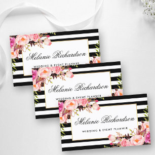 Elegant Watercolor Floral Pink Gold Frame Striped Business Card