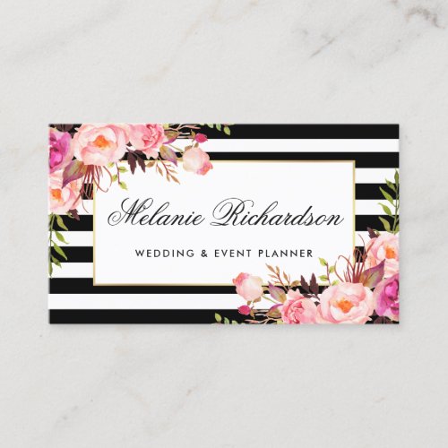 Elegant Watercolor Floral Pink Gold Frame Striped Business Card