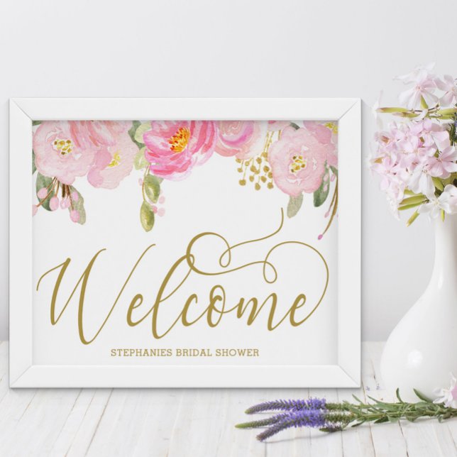 Elegant Watercolor Floral Pink Gold Welcome Sign (Welcome Sign from my Pink and Gold Watercolor Floral Collection)