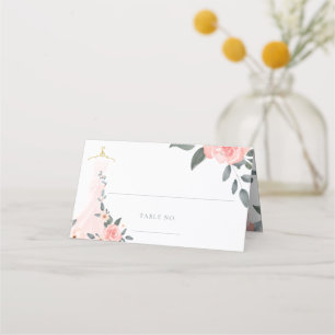 Elegant Watercolor Floral Pink Rose Wedding Dress Place Card