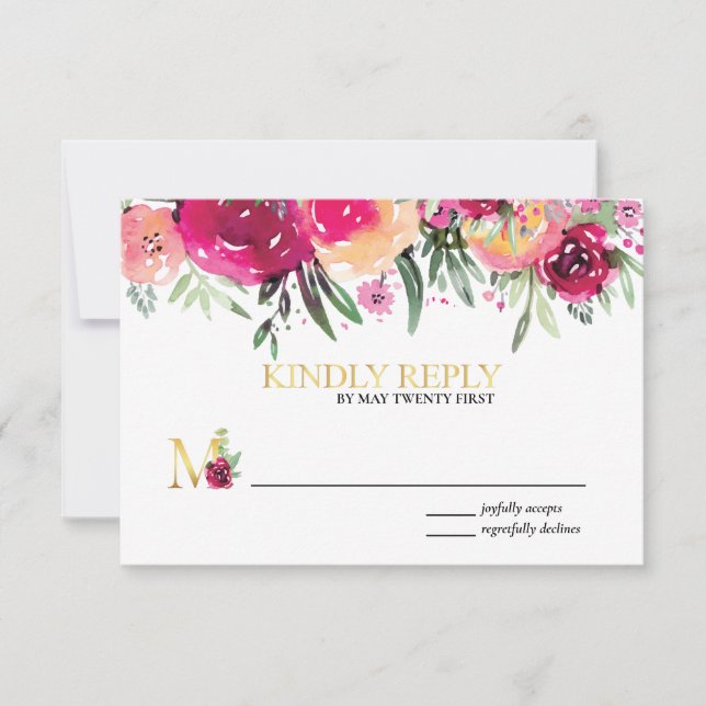 Elegant Watercolor Floral Pink Wedding RSVP Card (Front)
