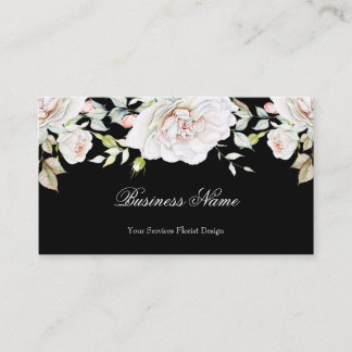 Elegant Watercolor Floral Pink White Roses Black Business Card