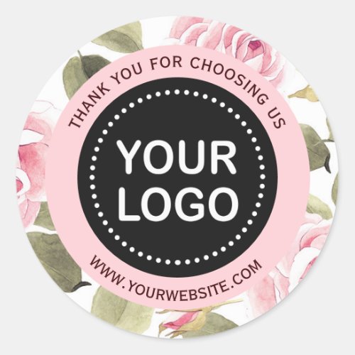 Elegant Watercolor Floral Pink Your Logo Slogan Classic Round Sticker
