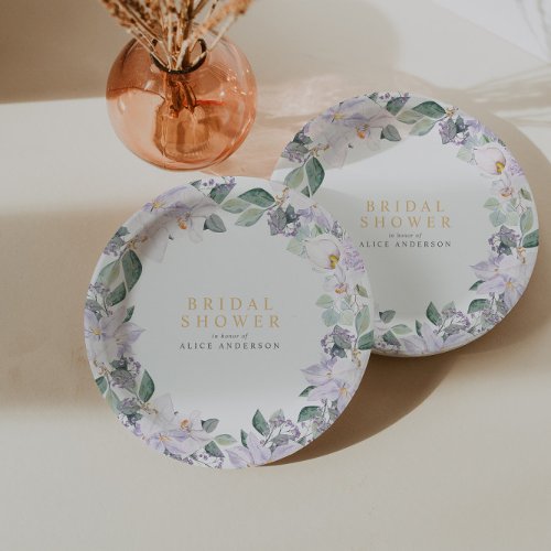 Elegant Watercolor Floral Purple Bridal Shower Paper Plates