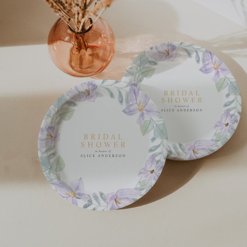 Elegant Watercolor Floral Purple Bridal Shower Paper Plates