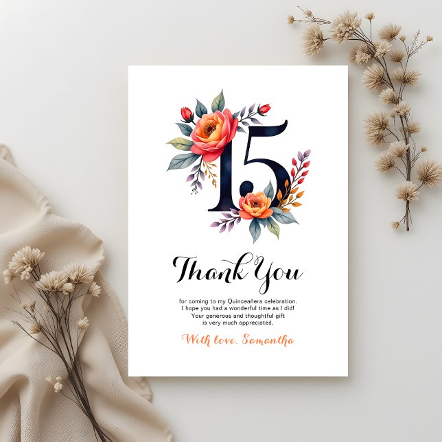 Elegant Watercolor Floral Quinceanera Birthday Thank You Card (Creator Uploaded)
