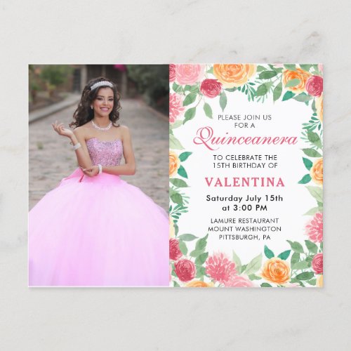 Elegant Watercolor Floral Quinceanera Photo  Invit Invitation Postcard