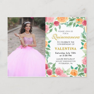 Elegant Watercolor Floral Quinceanera Photo Invitation Postcard