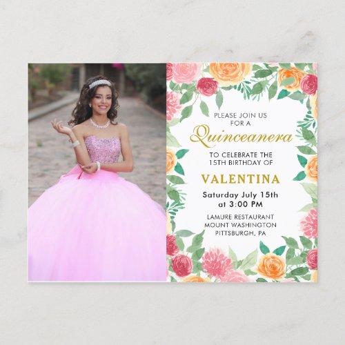 Elegant Watercolor Floral Quinceanera Photo  Invitation Postcard