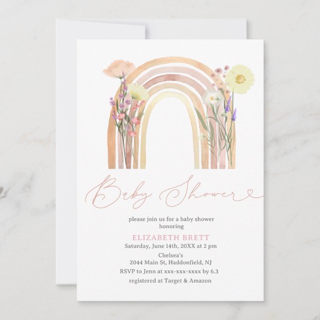 Elegant Watercolor Floral Rainbow Baby Shower Invitation (Front)