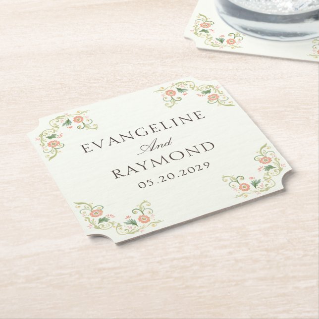 Elegant Watercolor Floral Rococo Wedding  Paper Coaster (Angled)