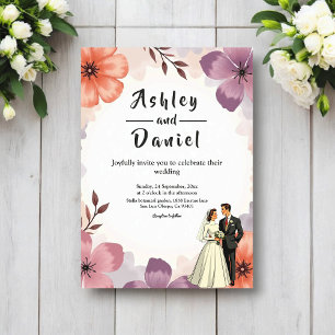 Elegant Watercolor Floral Romantic Couple Wedding Invitation