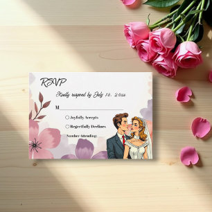 Elegant Watercolor Floral Romantic Couple Wedding RSVP Card
