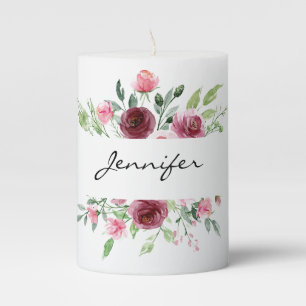 Elegant Watercolor Floral Rose Pillar Candle