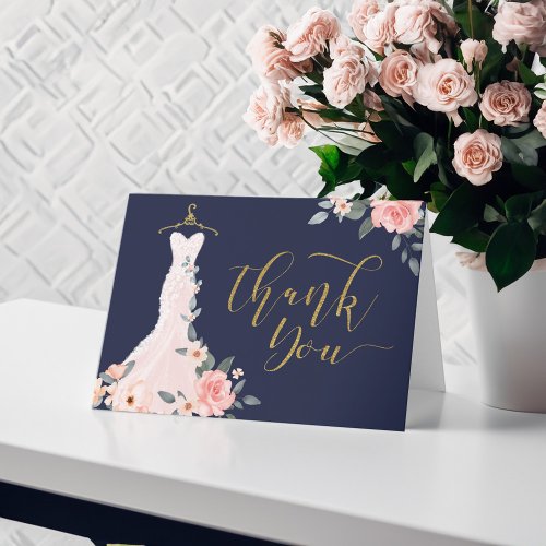 Elegant Watercolor Floral Rose Wedding Dress Thank You Card