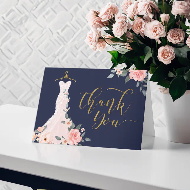 Elegant Watercolor Floral Rose Wedding Dress Thank You Card | Zazzle