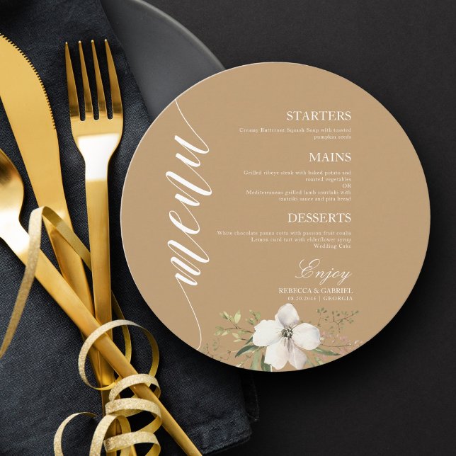 Elegant Watercolor Floral Round Photo Wedding Menu (Creator Uploaded)