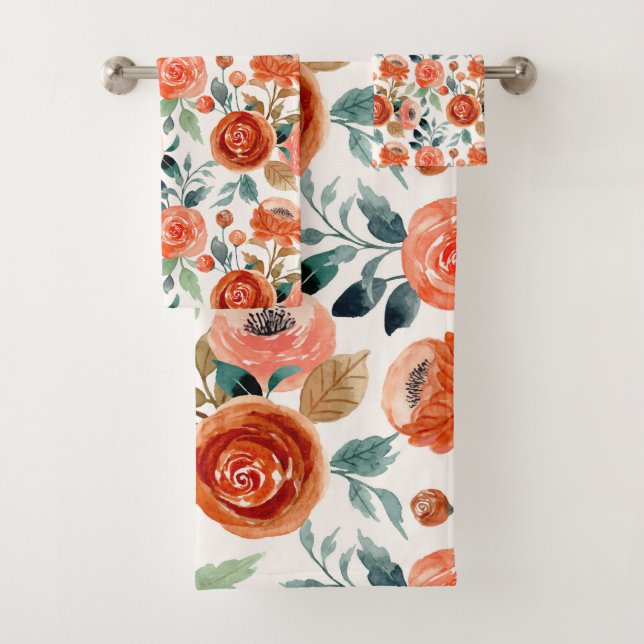 Elegant Watercolor Floral Rustic Coral Pattern Bath Towel Set (Insitu)