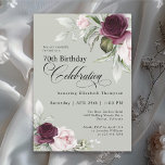 Elegant Watercolor Floral Sage 70th Birthday Invitation<br><div class="desc">Celebrate a special milestone birthday with this beautiful 70th birthday party invitation. It features elegant floral borders in burgundy and pink roses on each side of the elegantly placed text. Colors include pale blush pink, deep burgundy red and plum mixed with ethereal greenery and tiny white accent flowers on a...</div>