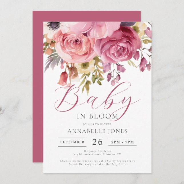 Elegant Watercolor Floral Script Baby Shower  Invitation (Front/Back)