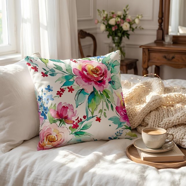 Elegant Watercolor Floral – Seamless Pink Roses  Throw Pillow (#watercolor #floralpattern #wrappingpaper #giftwrap #floraldesign #pinkroses #blueflowers #botanical)