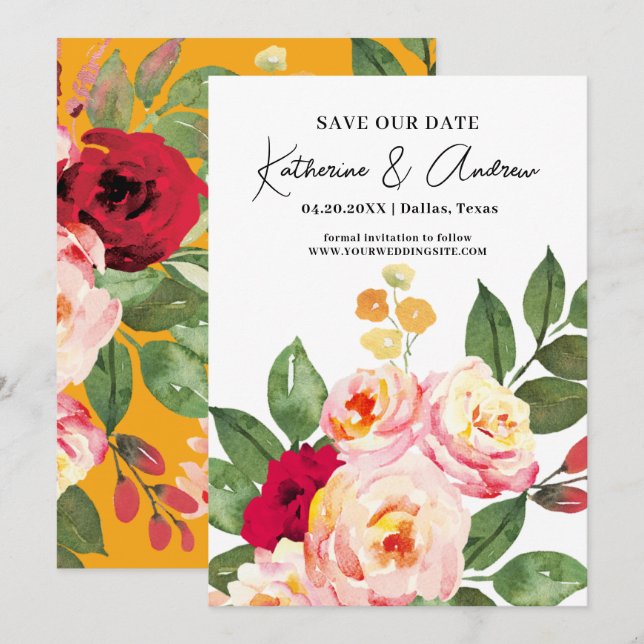 Elegant Watercolor Floral Spring Save The Date  Invitation (Front/Back)