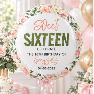 Elegant Watercolor Floral Sweet Sixteen Balloon