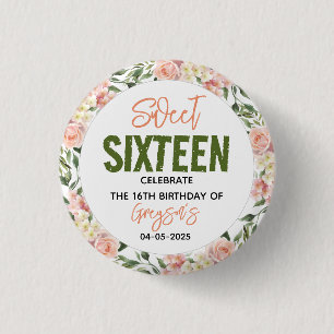 Elegant Watercolor Floral Sweet Sixteen Button