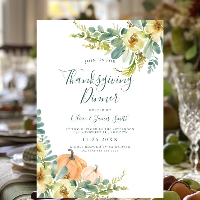 Elegant Watercolor Floral Thanksgiving Dinner Invitation (Elegant Thanksgiving invitation with watercolor pumpkins and floral designs.)