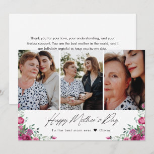 Elegant Watercolor Floral Three Photo Mother's Day Card
