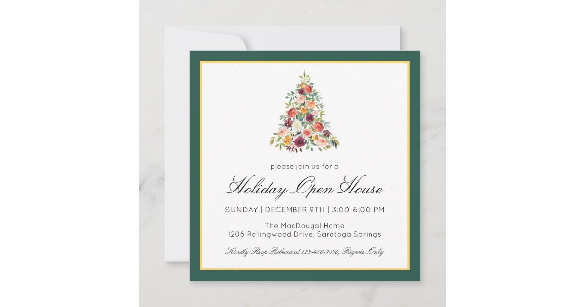Elegant Watercolor Floral Tree Holiday Open House | Zazzle