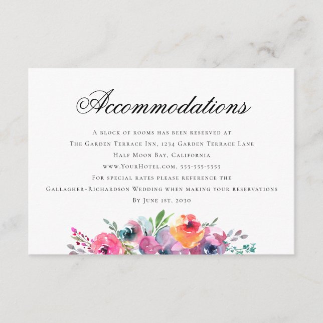 Elegant Watercolor Floral Wedding Accommodations Enclosure Card (Front)