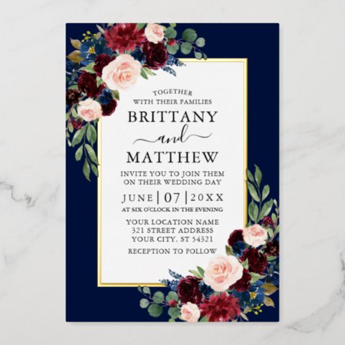 Elegant Watercolor Floral Wedding Blue Gold Foil Invitation