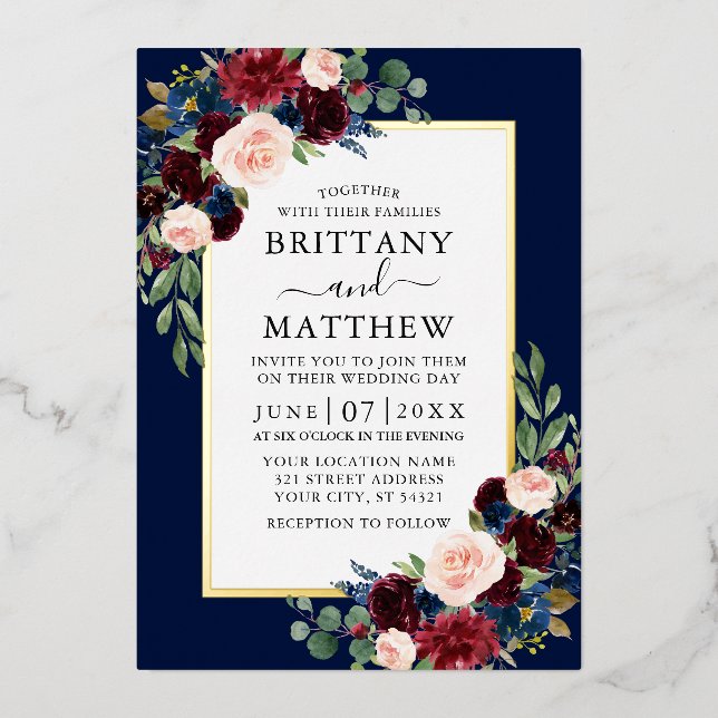 Elegant Watercolor Floral Wedding Blue Gold Foil Invitation (Front)