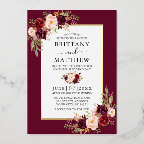 Elegant Watercolor Floral Wedding Burgundy Gold Foil Invitation