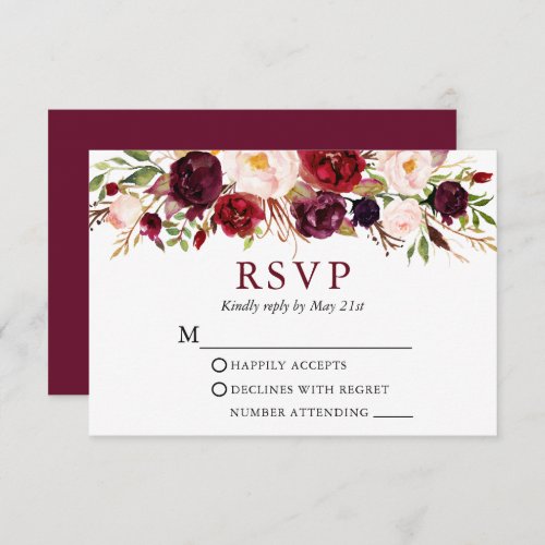 Elegant Watercolor Floral Wedding Burgundy RSVP Card