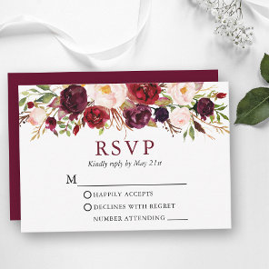 Elegant Watercolor Floral Wedding Burgundy RSVP Card