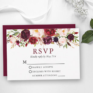 Elegant Watercolor Floral Wedding Burgundy RSVP Card