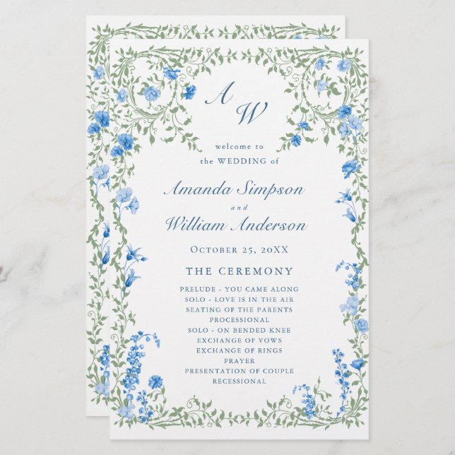 Elegant Watercolor Floral Wedding Ceremony Program (Front/Back)