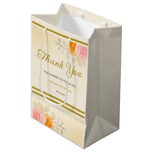 Elegant Watercolor Floral Wedding Gold Thank You   Medium Gift Bag