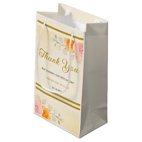 Elegant Watercolor Floral Wedding Gold Thank You   Small Gift Bag