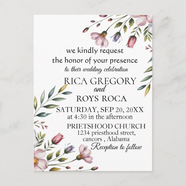 Elegant Watercolor Floral Wedding Invitation Card (Front)