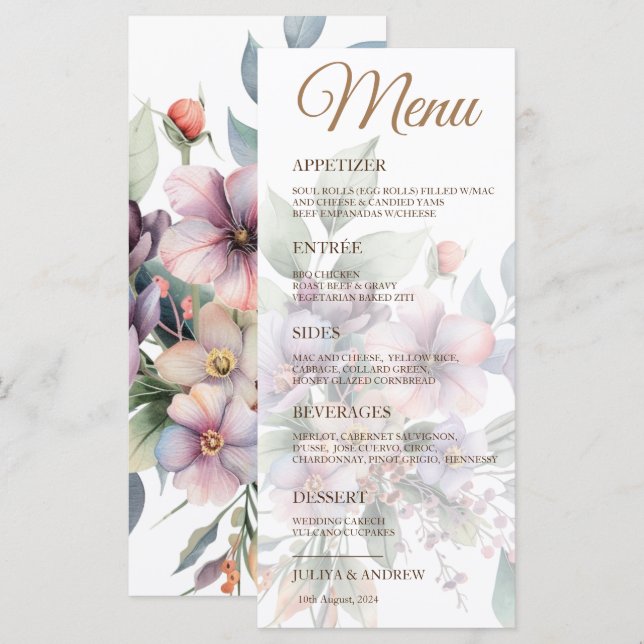Elegant watercolor floral Wedding Menu card  (Front/Back)
