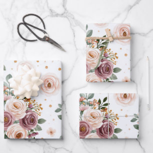 Elegant Watercolor Floral Wedding Pattern Wrapping Paper Sheets