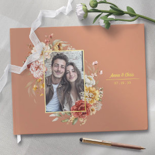 Elegant Watercolor Floral Wedding Photo Gold Foil Guest Book